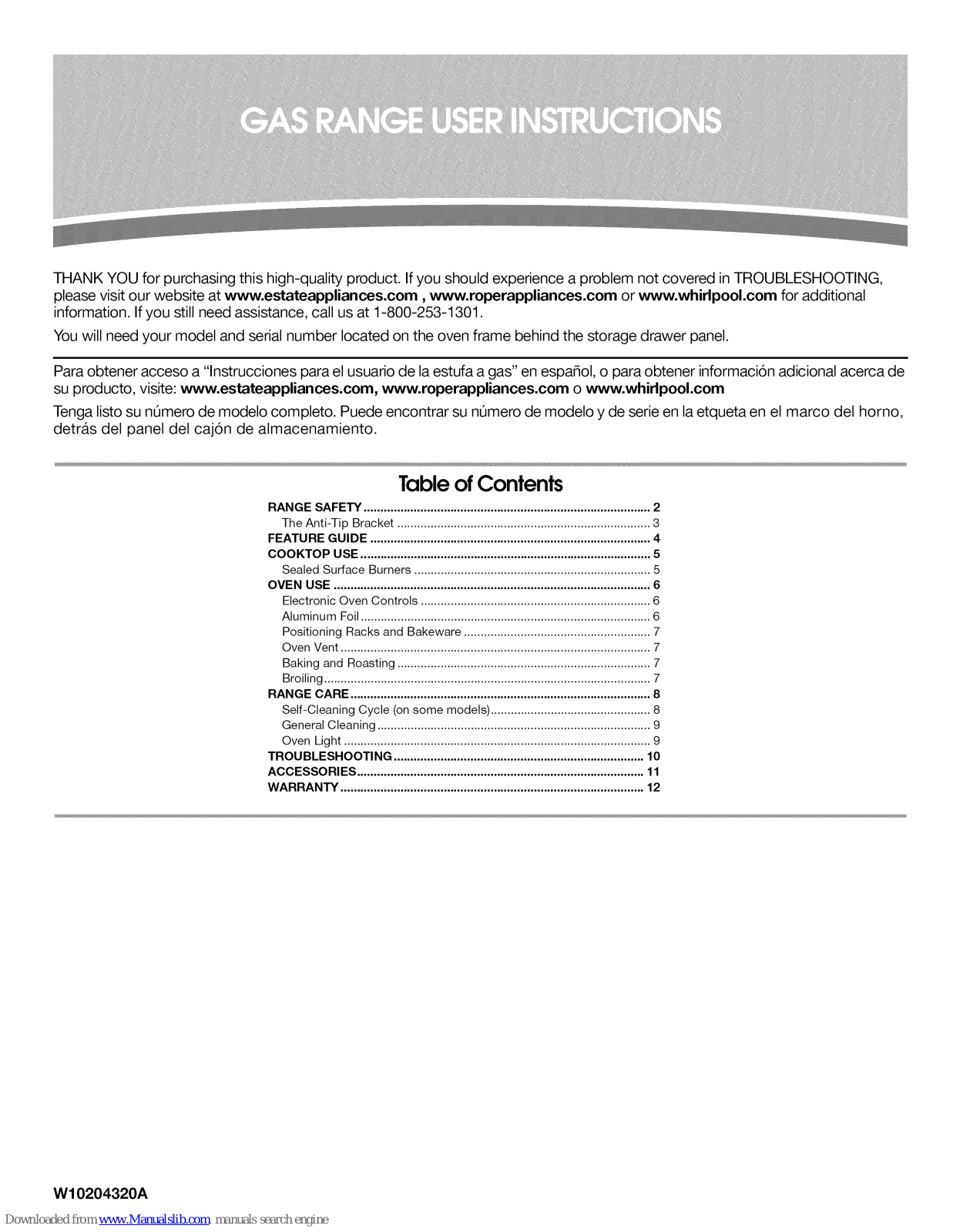 Estate GAS RANGE, W10204320A User Instructions - ManualMachine.com