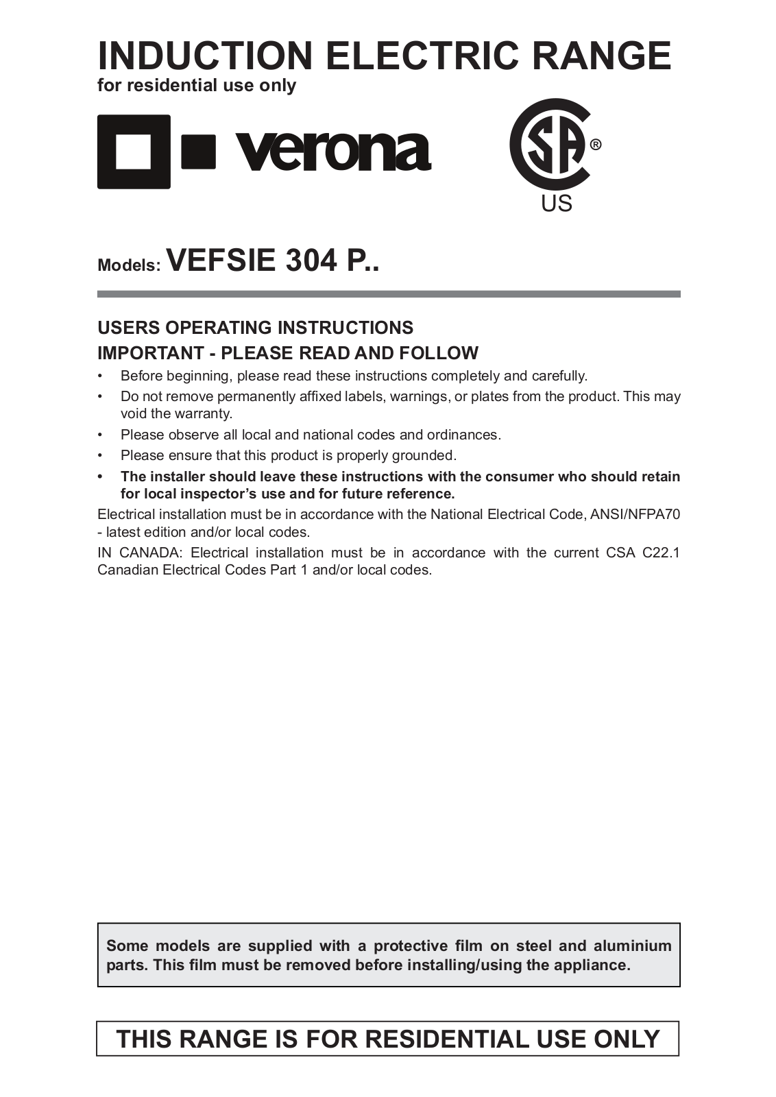 Verona VEFSIE304PSS User Manual