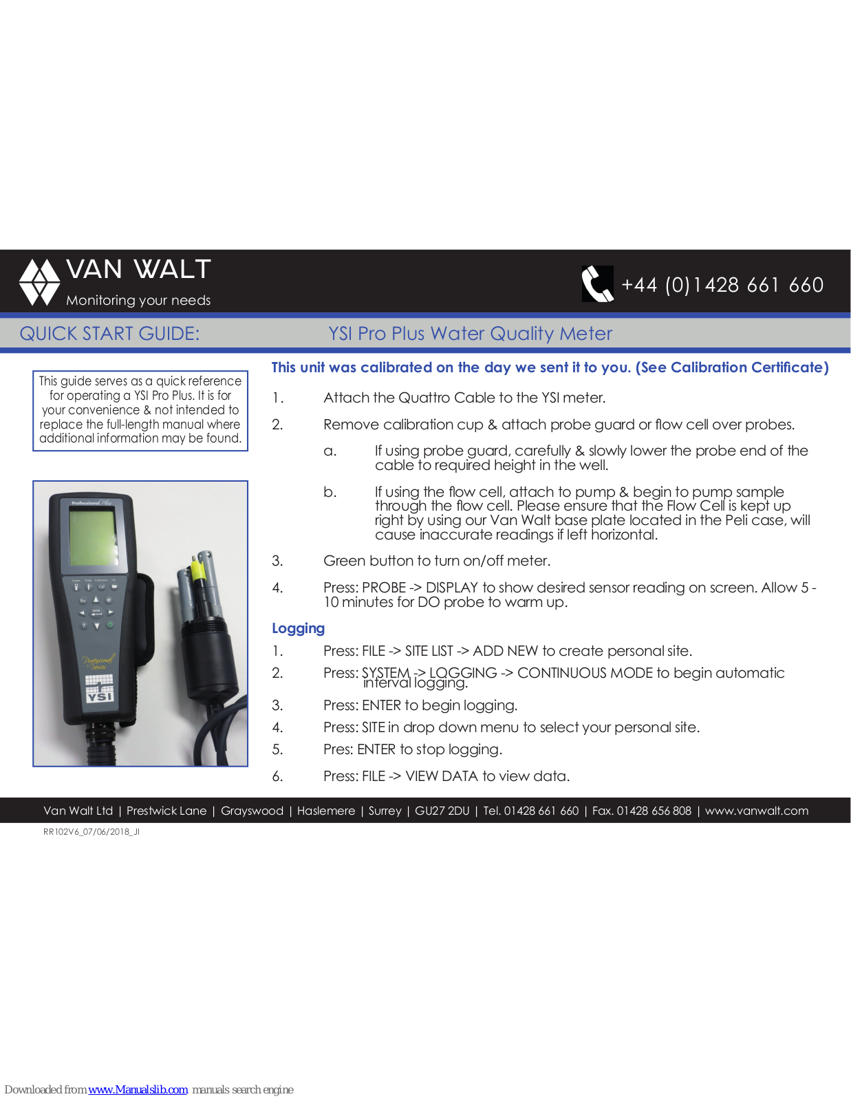 Van Walt YSI Pro Plus Quick Start Manual - ManualMachine.com