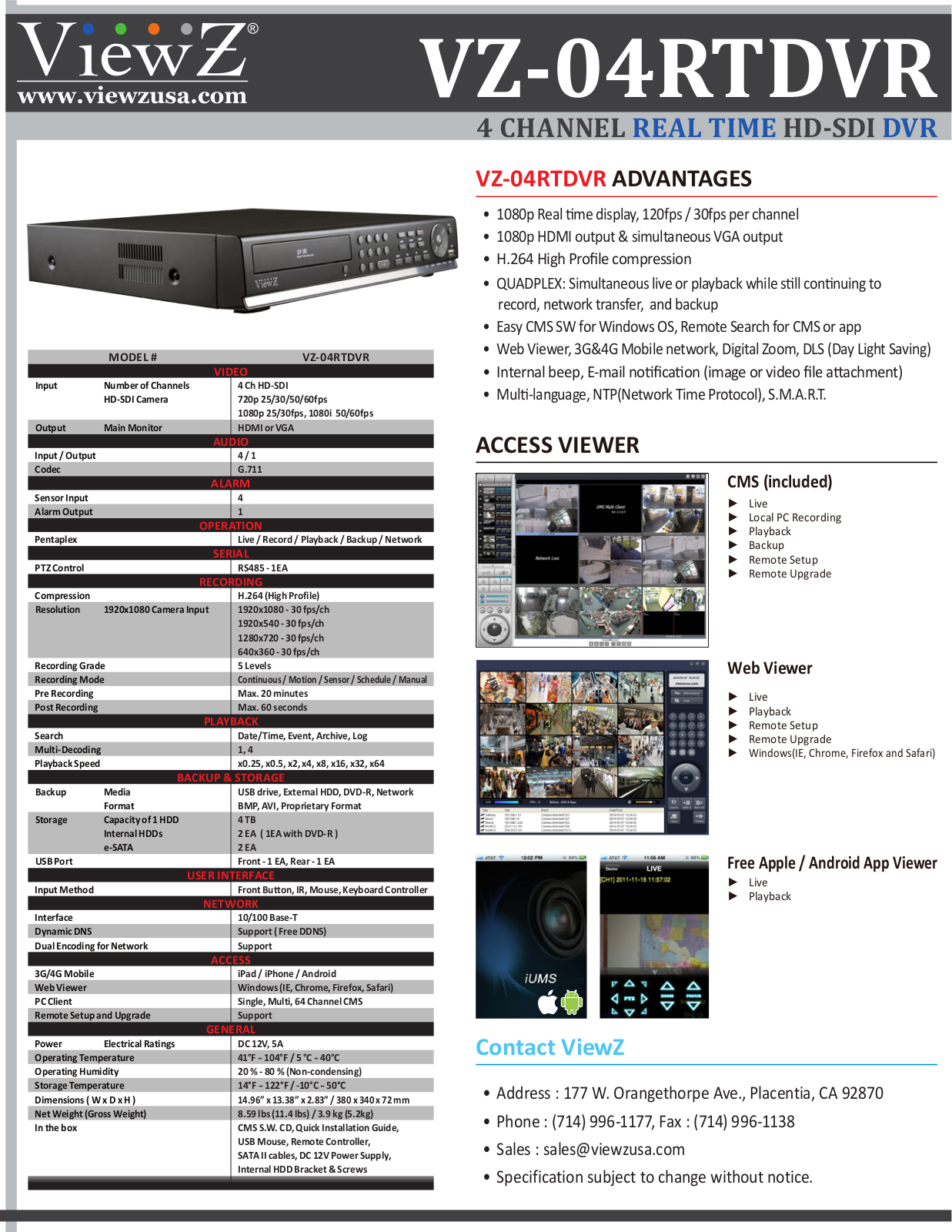 ViewZ VZ-04RTDVR-4, VZ-04RTDVR-4D, VZ-04RTDVR-8, VZ-04RTDVR-D, VZ-04RTDVR Specsheet