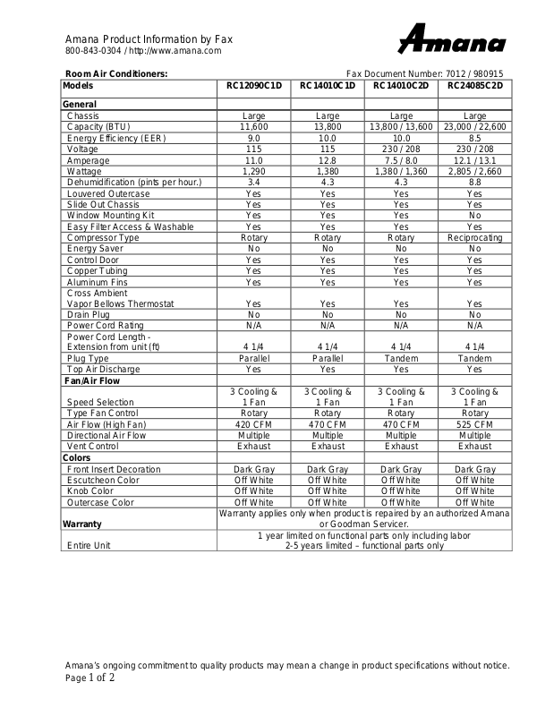 Amana RC12090C1D, RC14010C1D, RC14010C2D, RC24085C2D Specification Sheet
