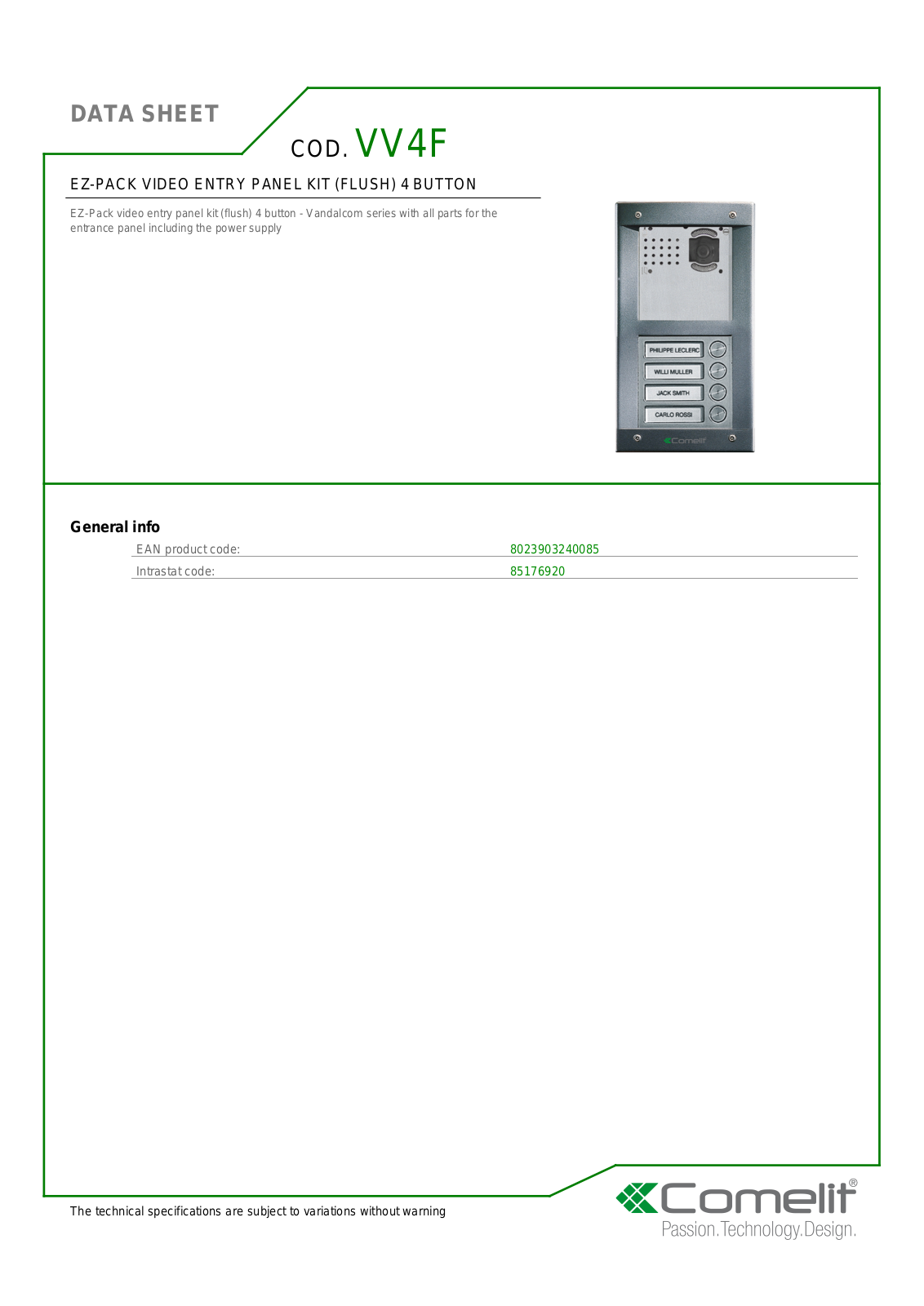 Comelit VV4F Specsheet