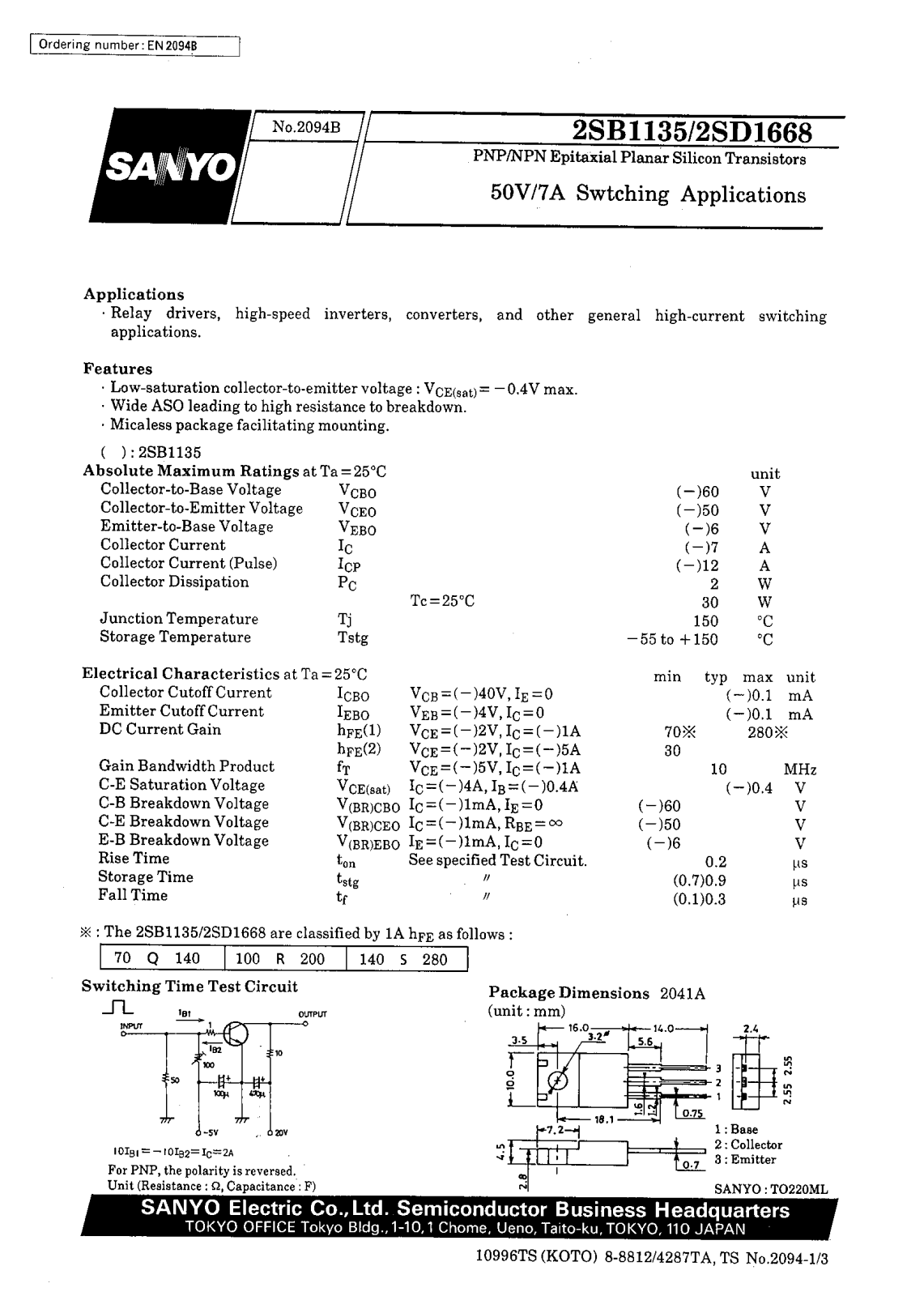 SANYO 2SD1668, 2SB1135 Datasheet