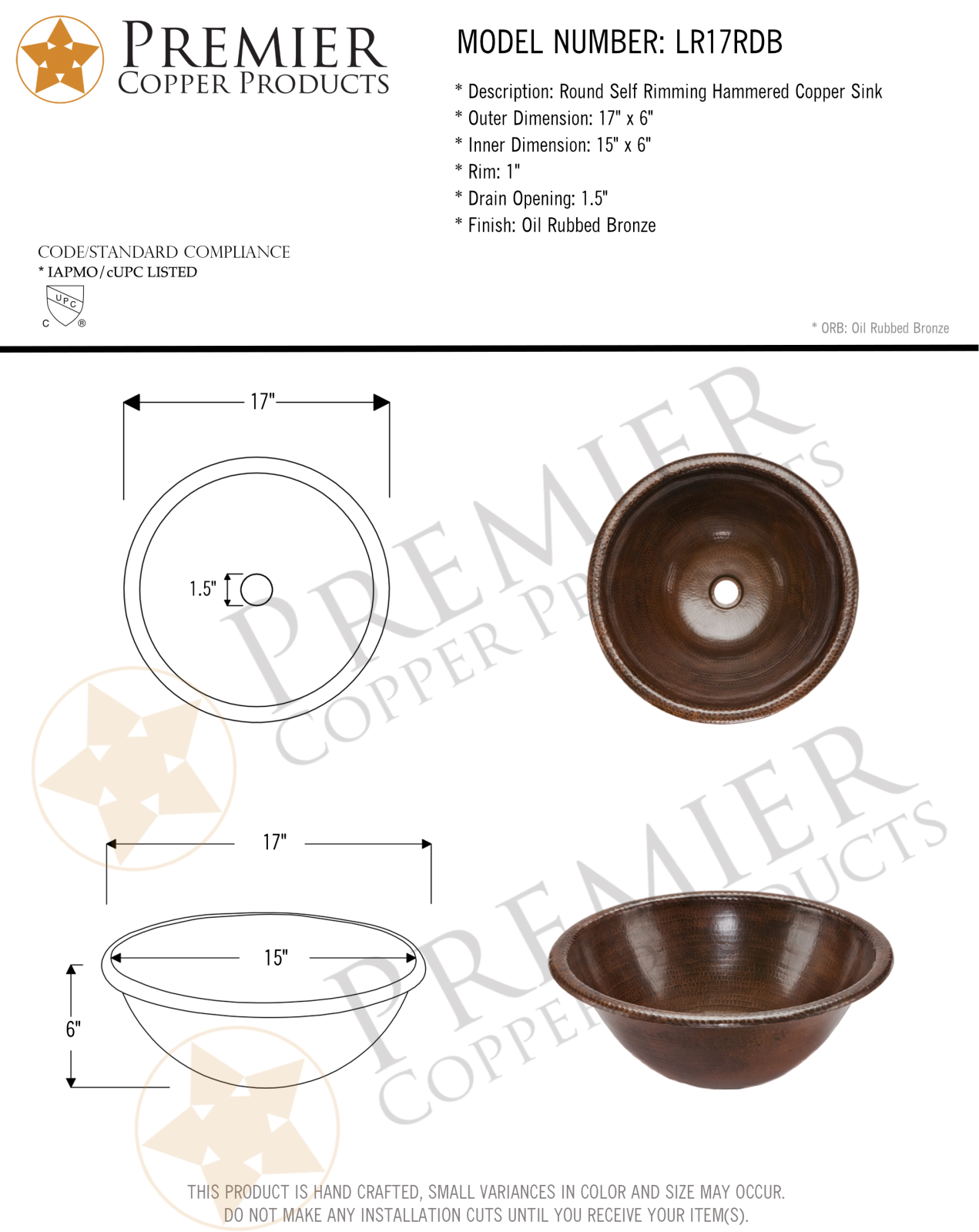 Premier Copper Products IER1017 Specifications - ManualMachine.com