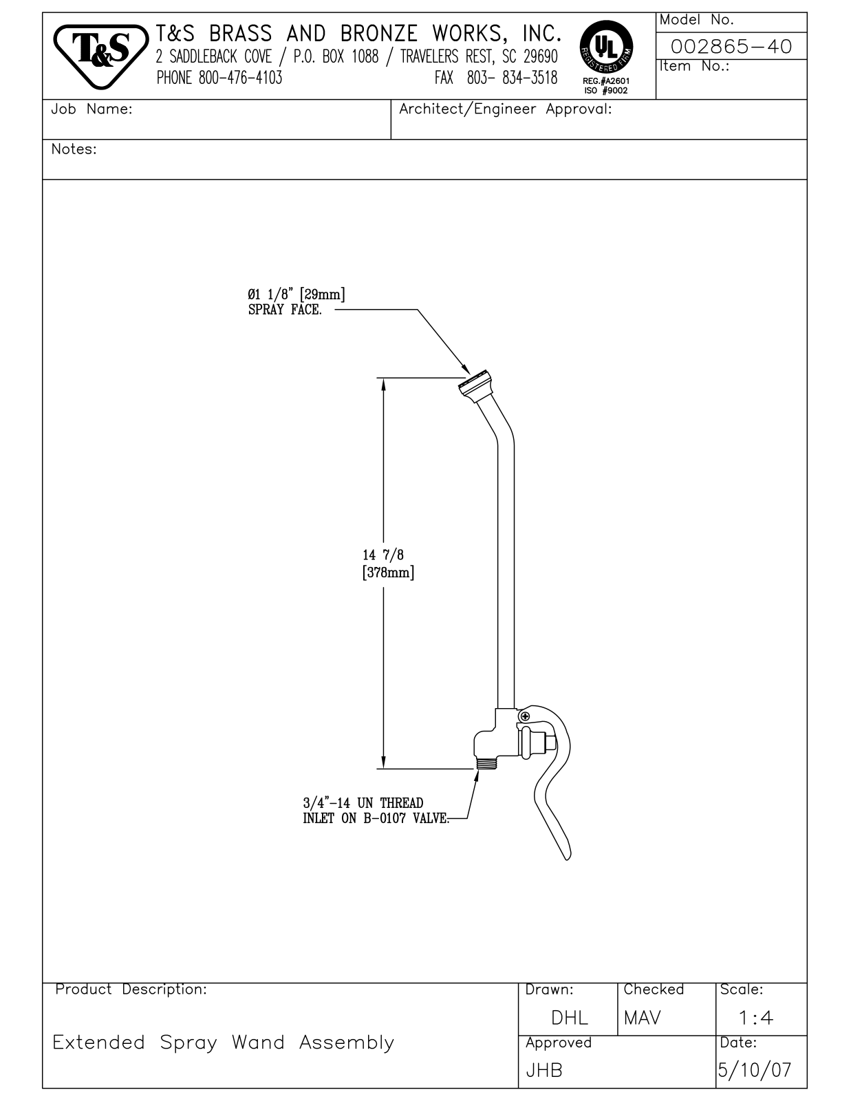 T&S Brass 002865-40 User Manual