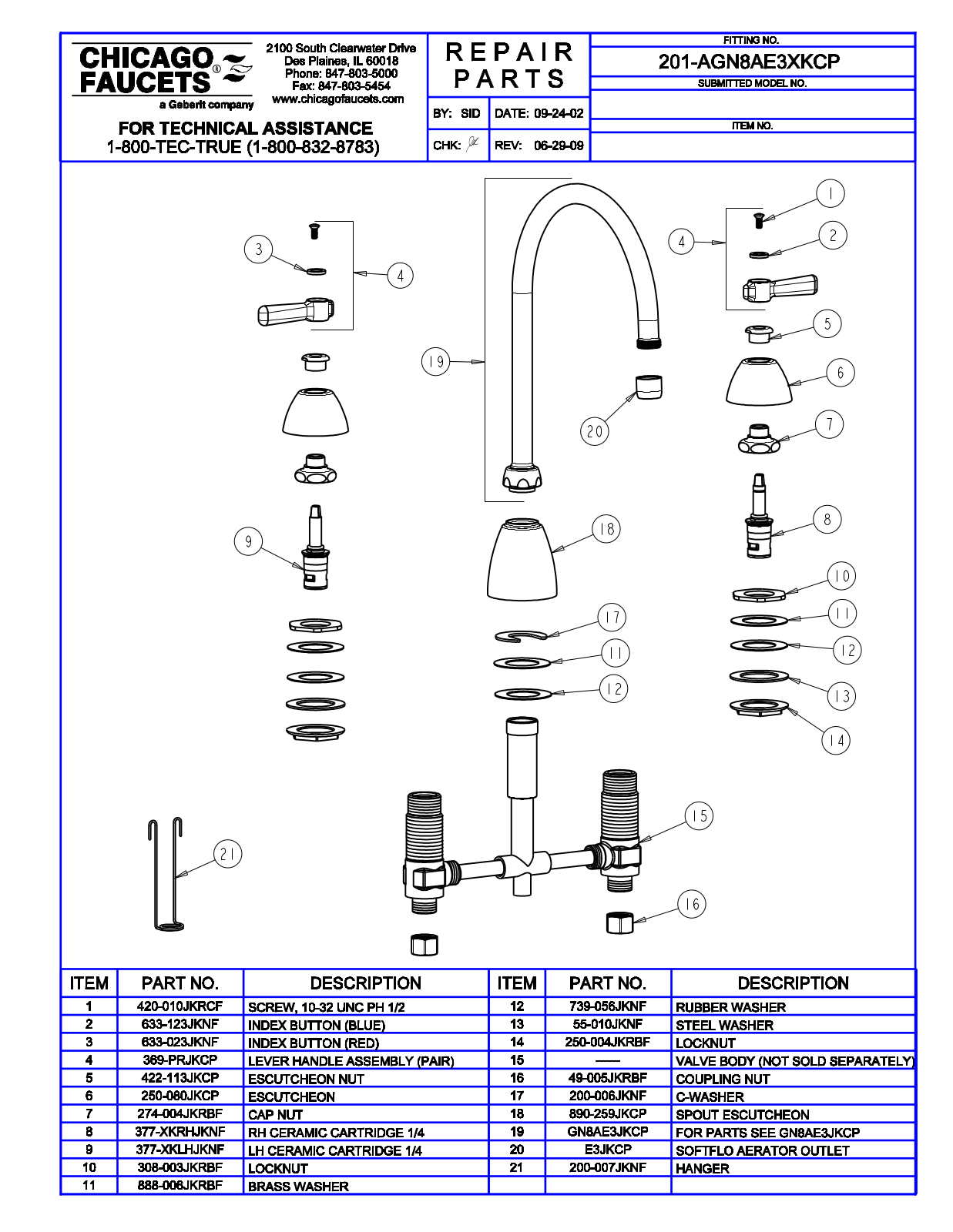 Chicago Faucet 201-AGN8AE3XKCP Parts List