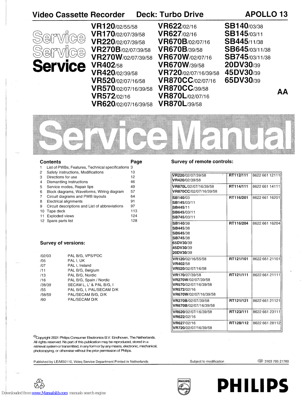 Philips VR120/55, VR170/02, VR120/02, VR170/58, VR220/02 Service Manual