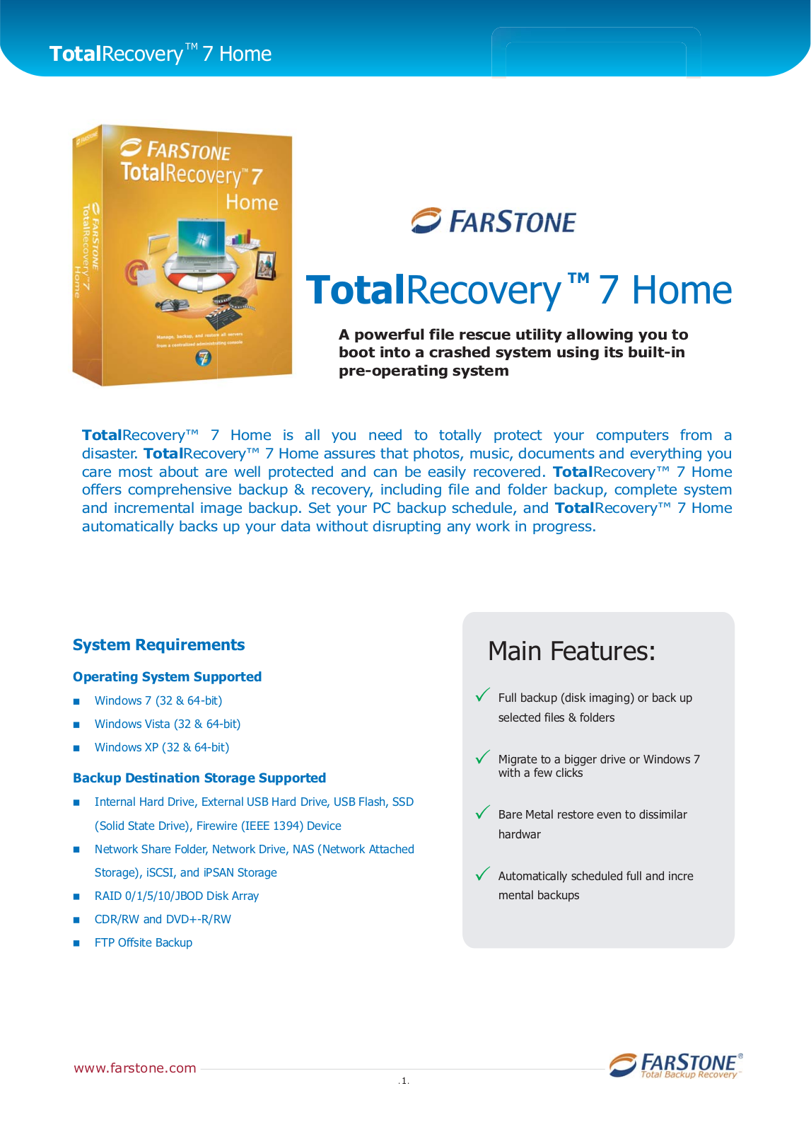 Farstone TOTALRECOVERY 7 DATASHEET