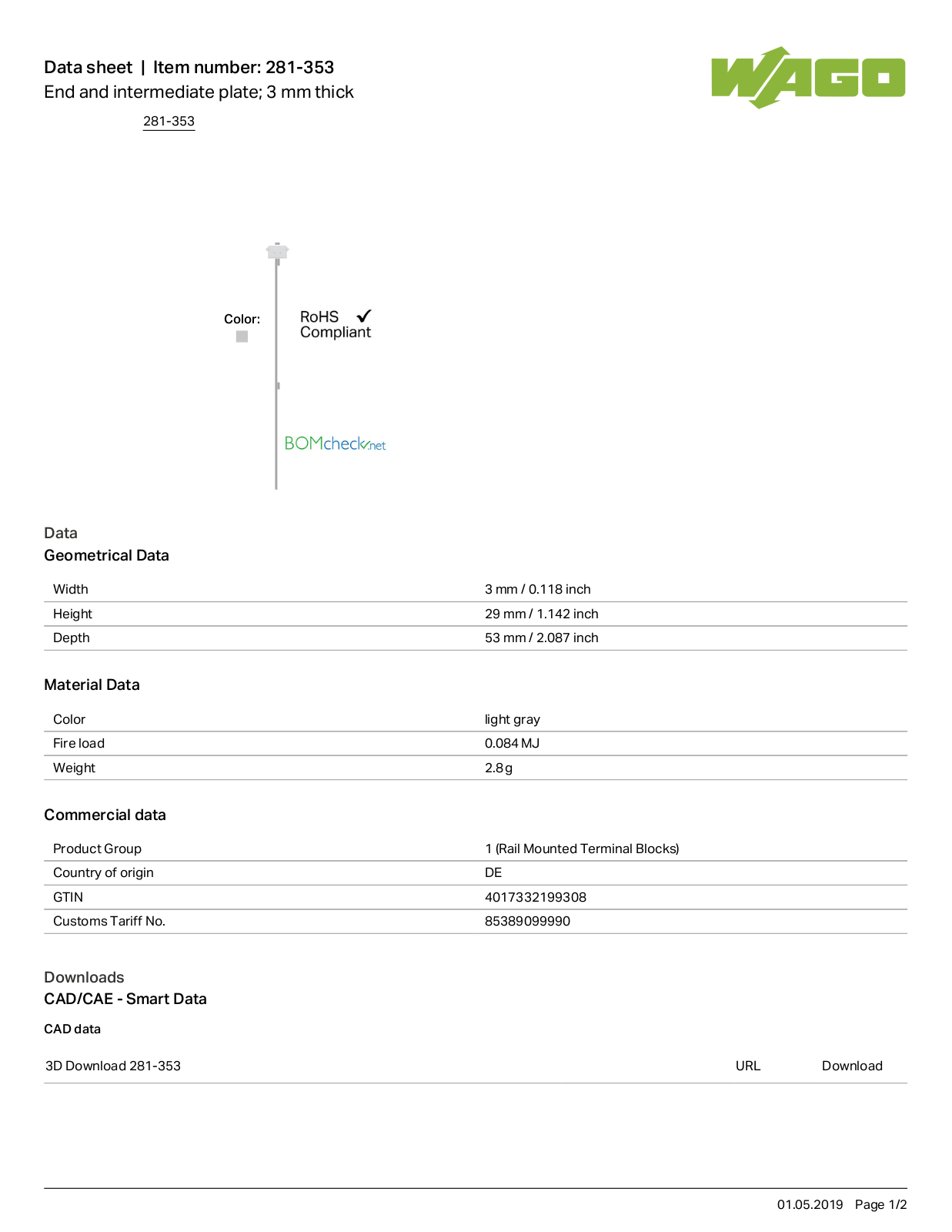 Wago 281-353 Data Sheet