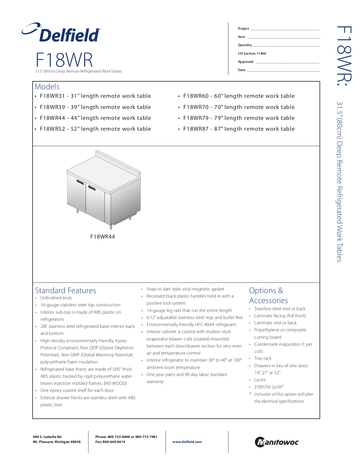 Delfield F18WR44, F18WR52, F18WR60, F18WR70, F18WR79 General Manual