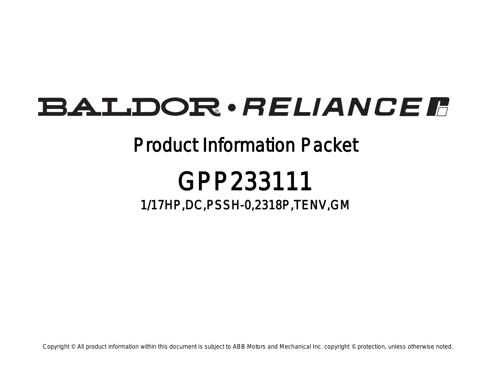 Baldor GPP233111 Product Information Sheet