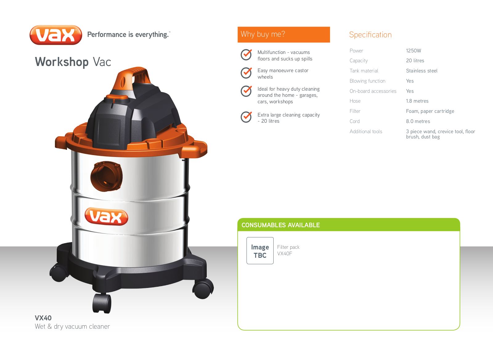 Vax VX40 Specifications Sheet