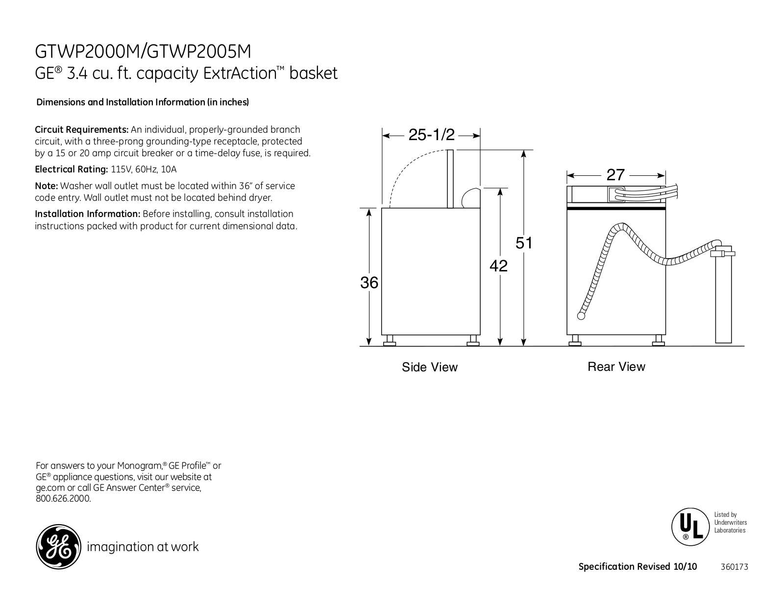 General Electric GTWP2000MWW User Manual