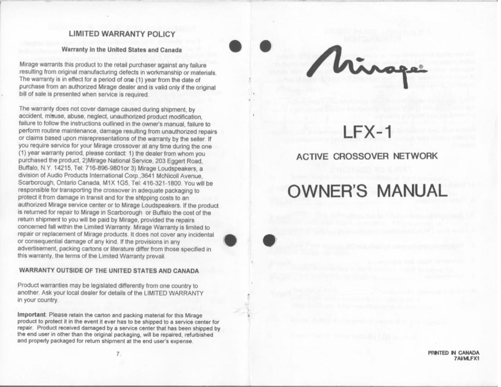 Mirage Speakers LFX1 User Manual