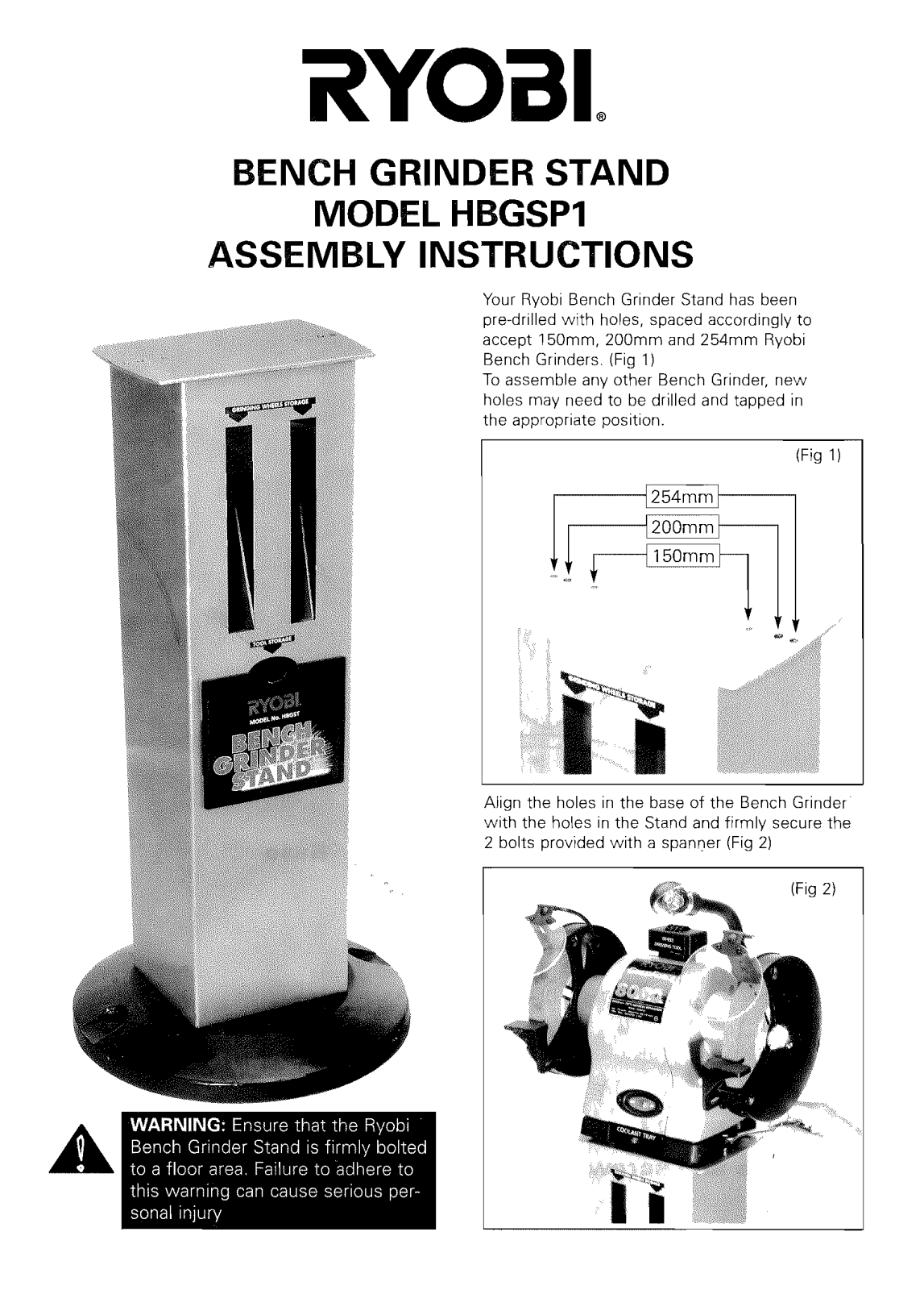 Ryobi UNIVERSAL BENCH GRINDER STAND HBGSP1 User Manual