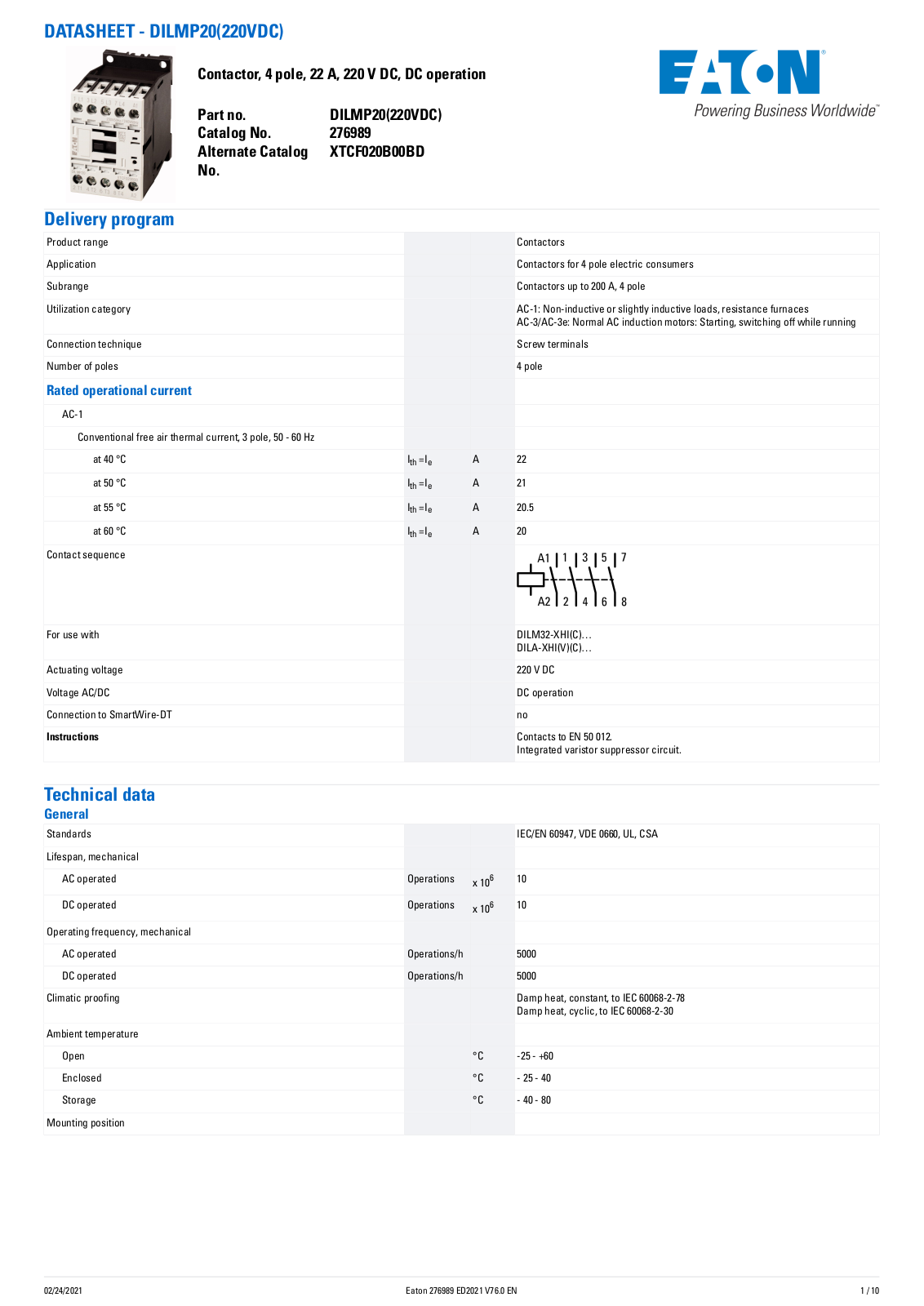 Cutler Hammer, Div of Eaton Corp XTCF020B00BD Data Sheet