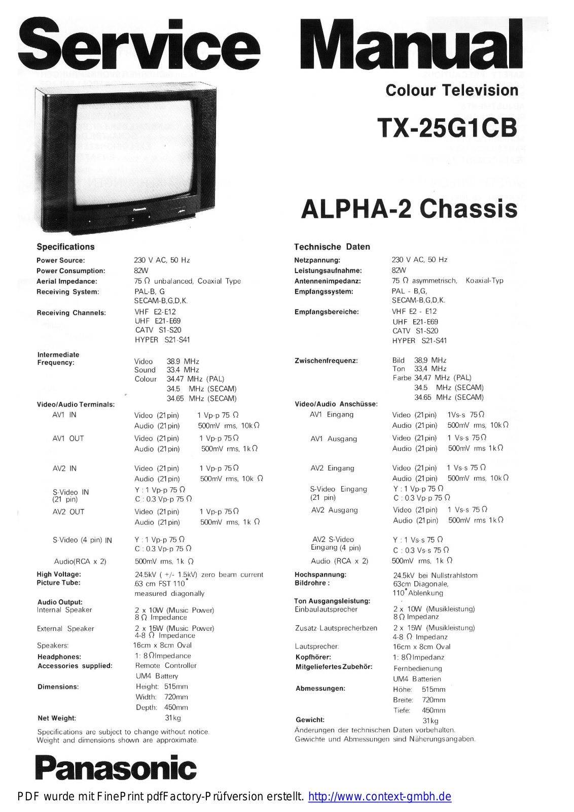 Panasonic tx-25g1cb Service Manual