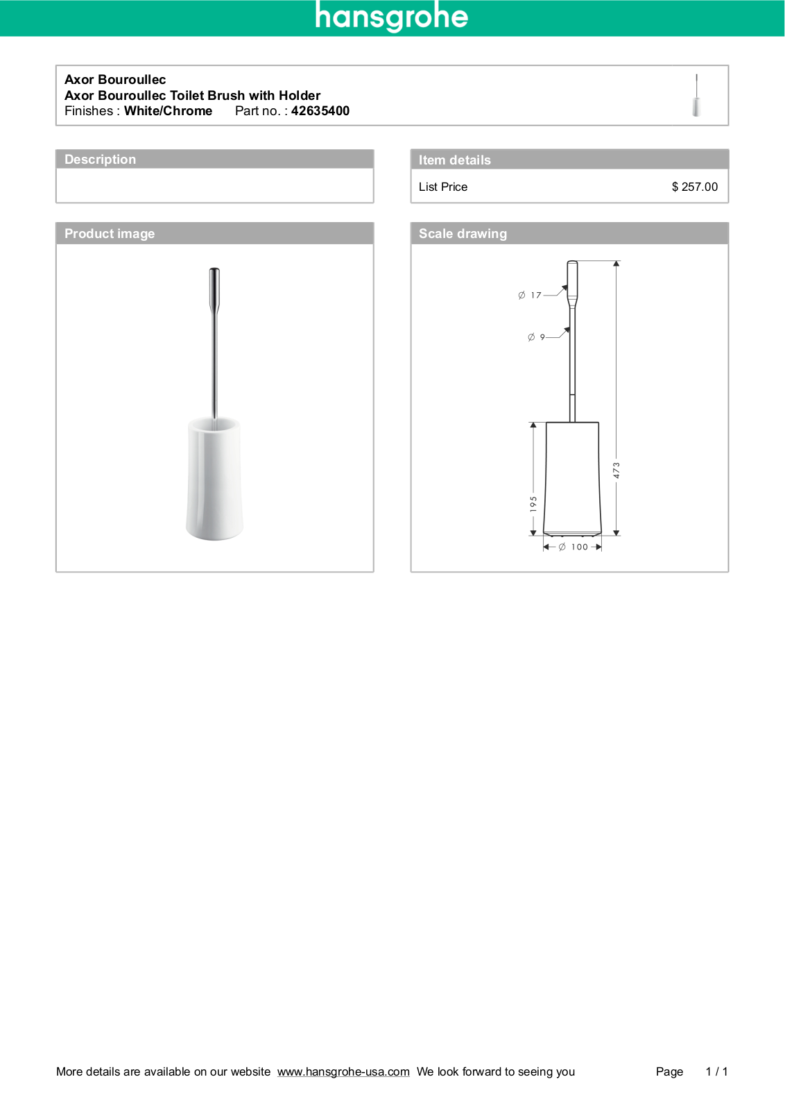 Hansgrohe 42635400 Specs