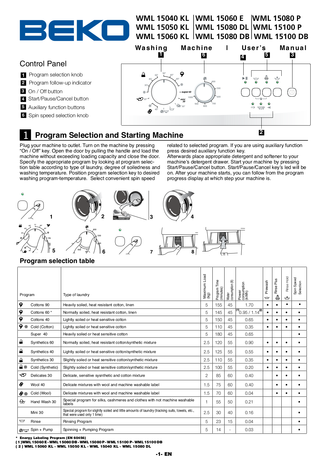 Beko WML 15100 DB, WML 15040 KL, WML 15050 KL, WML 15060 E, WML 15080 P User Manual