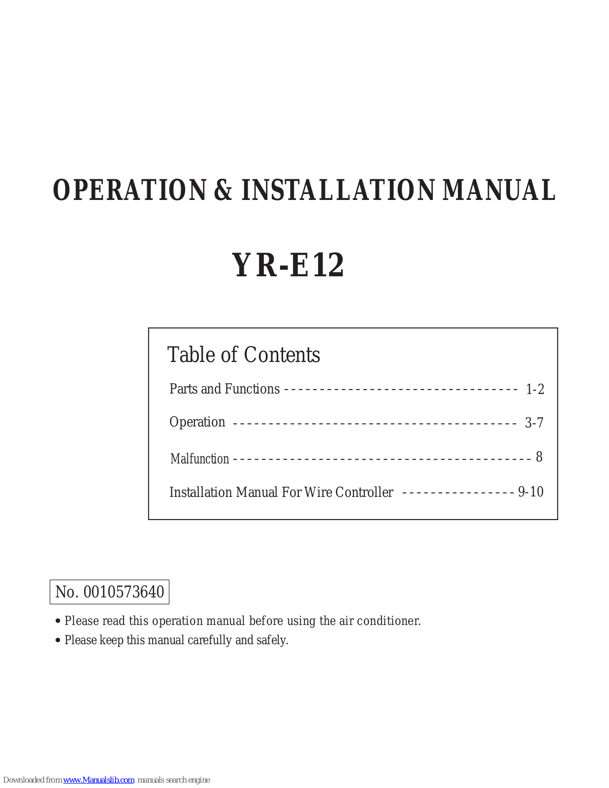 Haier YR-E12 Operation & Installation Manual