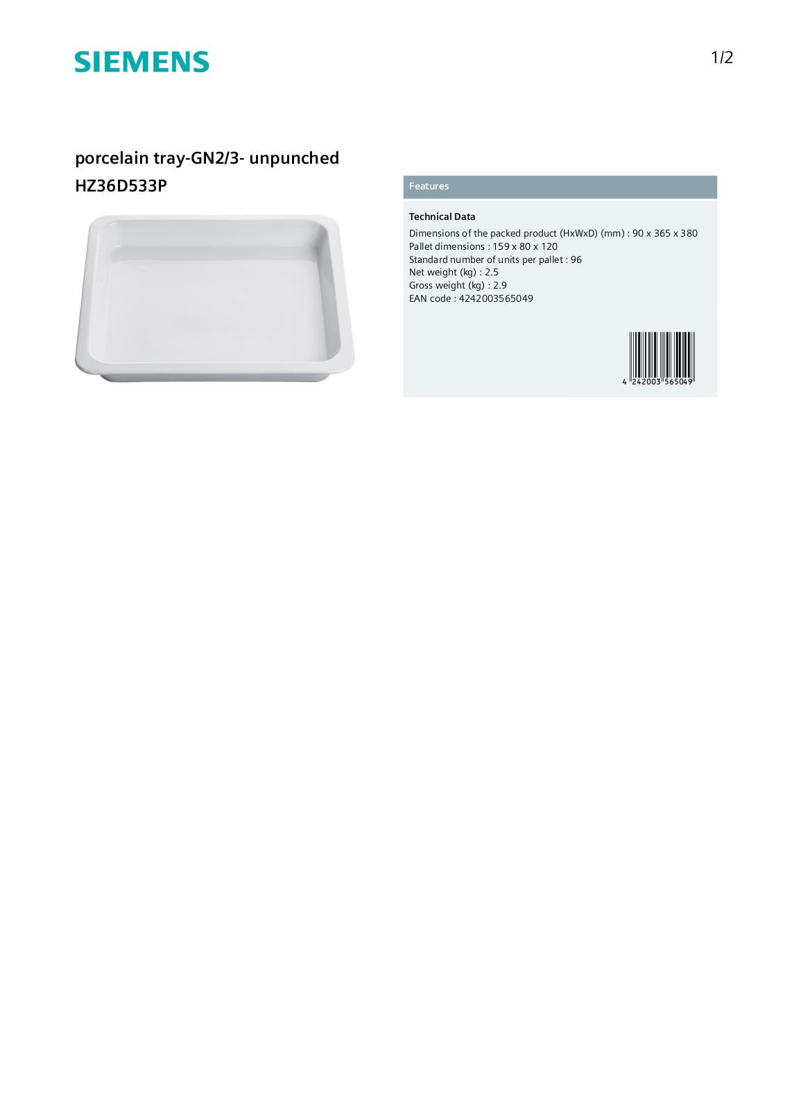 Siemens HZ36D533P Specifications Sheet