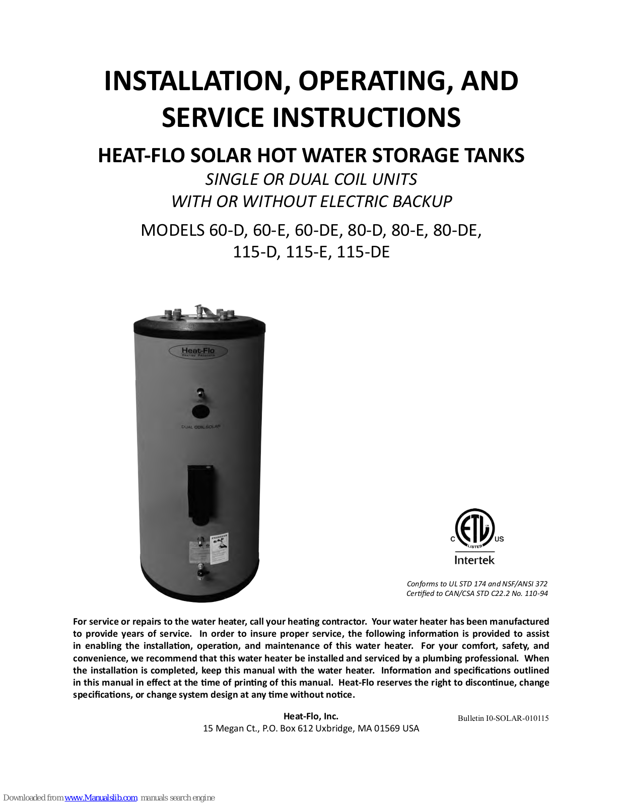 Heat-Flo 60-D, 60-E, 60-DE, 80-D, 80-E Installation, Operating And Servicing Instructions - ManualMachine.com
