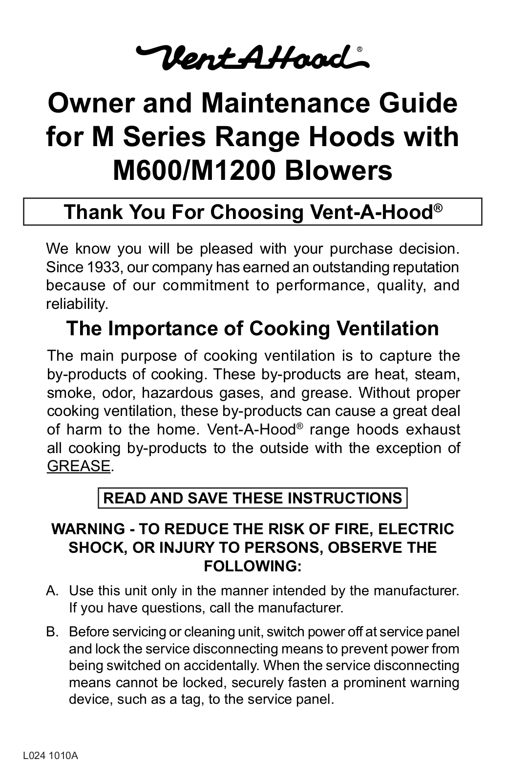 Vent-a-hood M600, M1200 Owners Manual