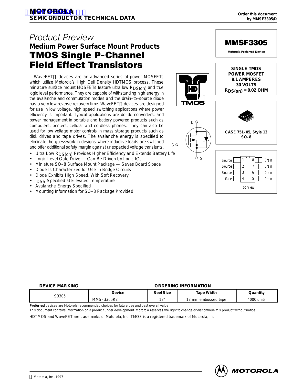 MOTOROLA MMSF3305 Technical data