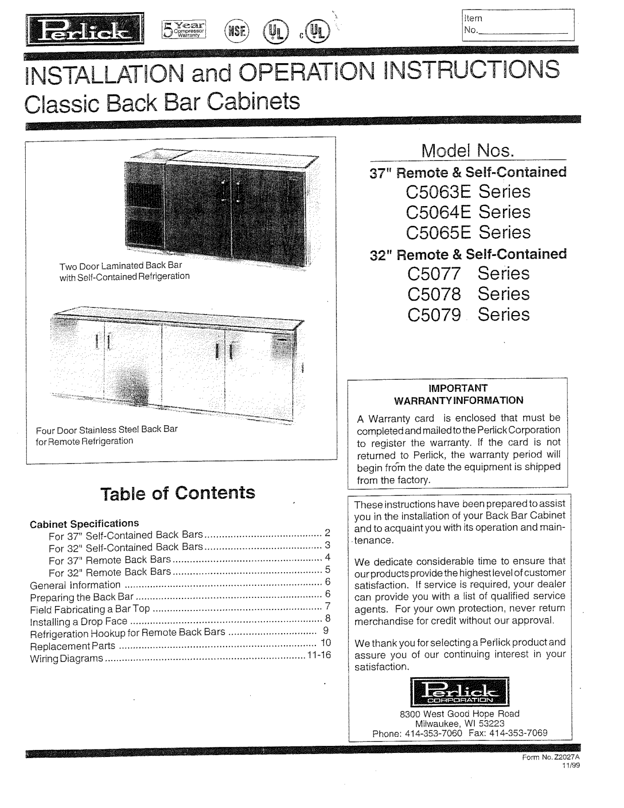 Perlick C5079 Service Manual