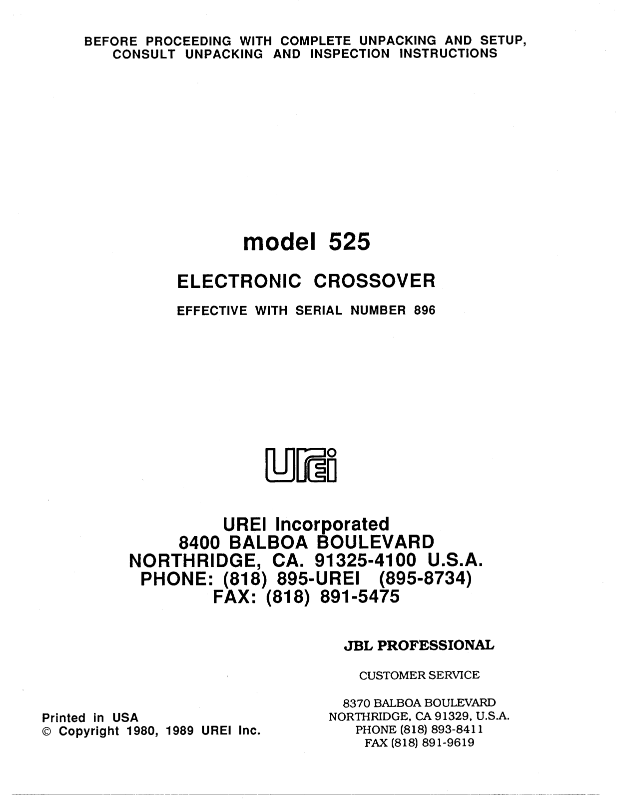 JBL UREI 525 User Manual