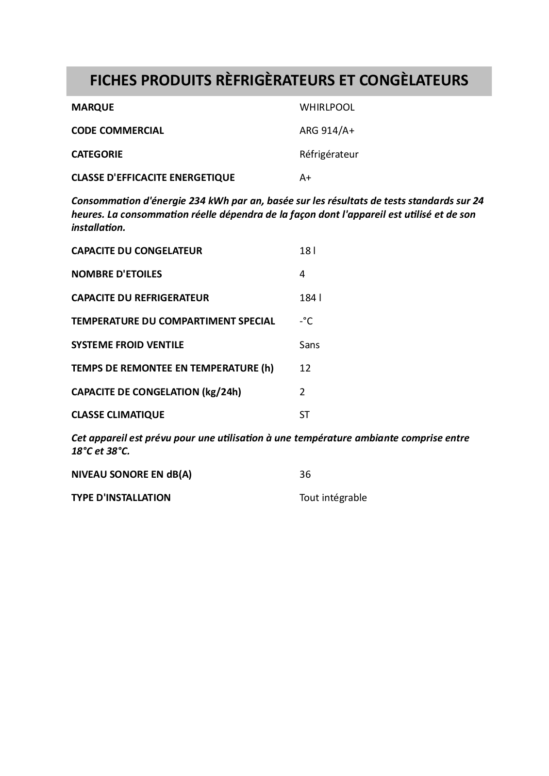 Whirlpool ARG 914/A+ Product datasheet