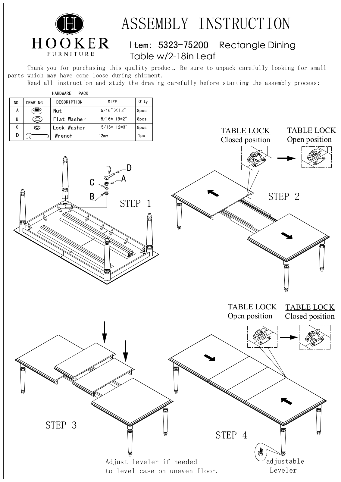 Hooker Furniture 532375200 Assembly Guide