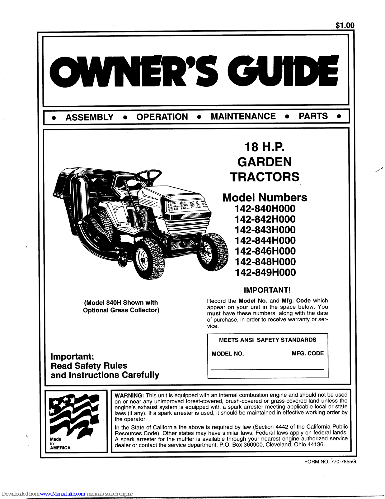 MTD 142-840H000, 142-842H000, 142-843H000, 142-844H000, 142-846H000 Owner's Manual