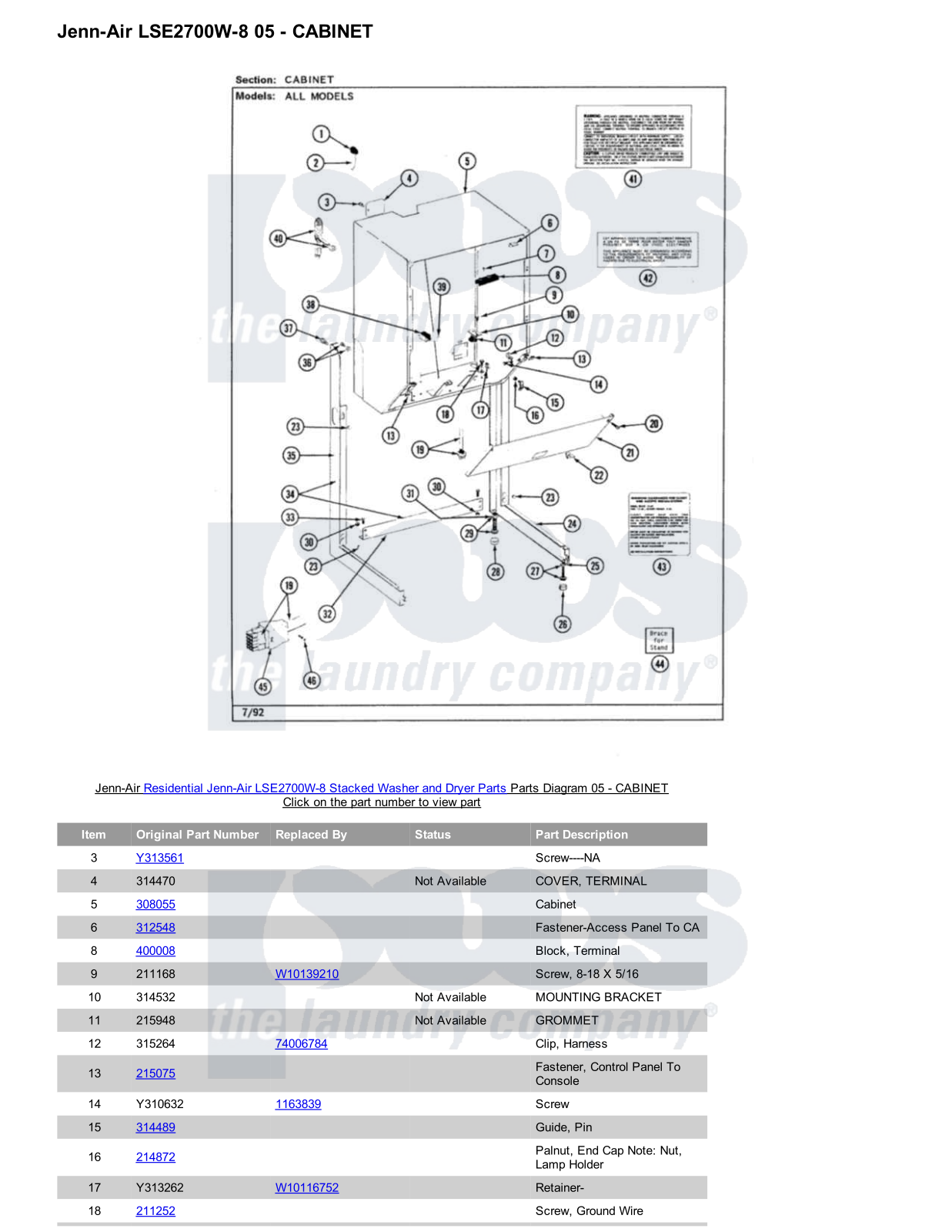 Jenn-Air LSE2700W-8 Stacked and Parts Diagram