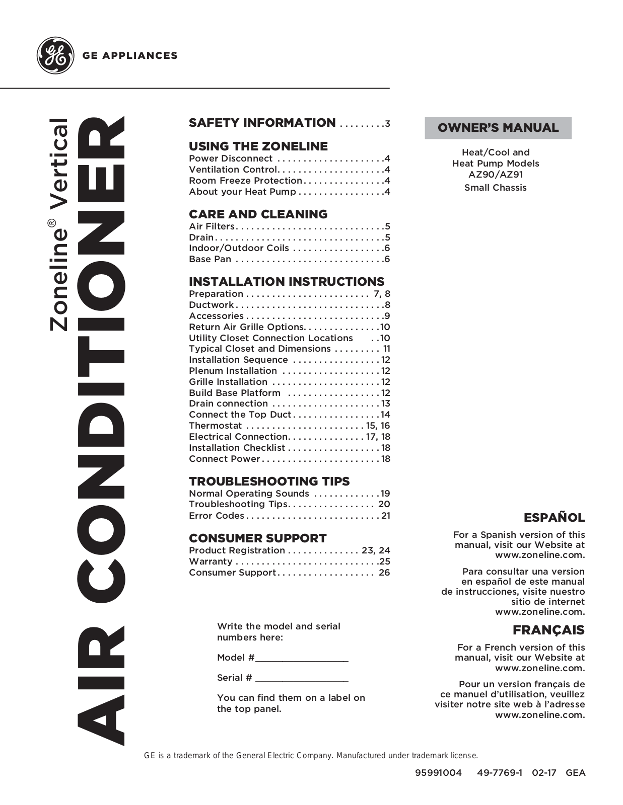 GE AZ91H12D2C, AZ90E12D2C, AZ90E09D3C User Manual