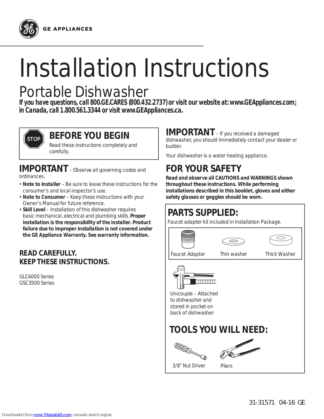 GE GSC3500 Series, GLC4000 Series Installation Instructions Manual