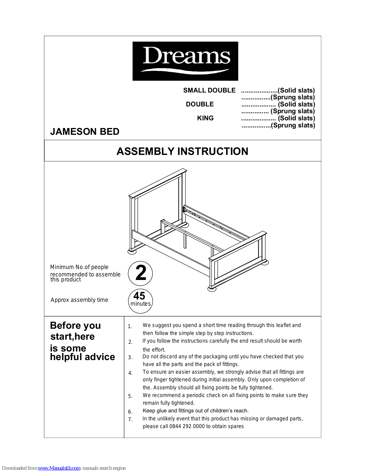 DREAMS JAMESON BED SMALL DOUBLE, JAMESON BED KING, JAMESON BED DOUBLE Assembly Instruction Manual