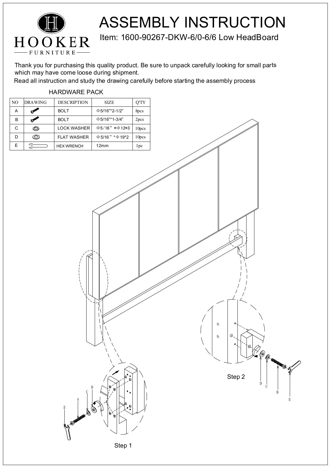 Hooker Furniture 1600902BEDDKW Assembly Guide