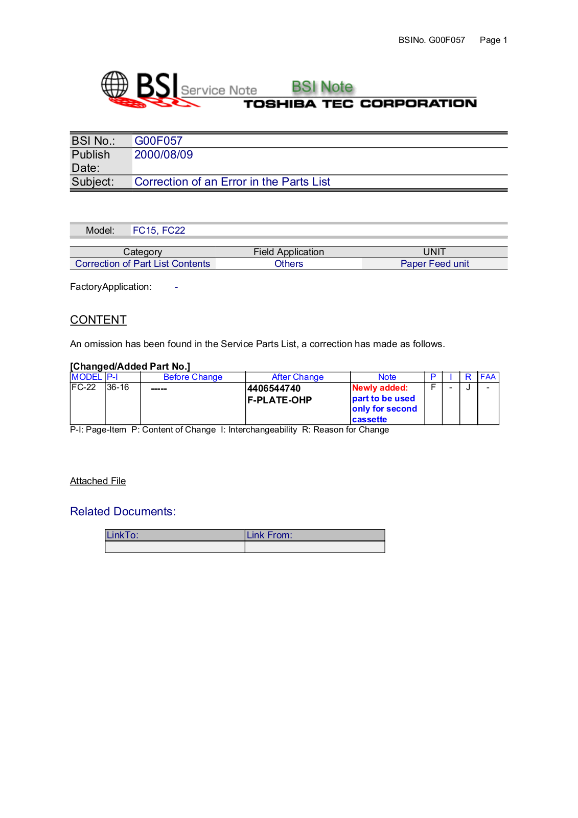 Toshiba G00F057 Service Note