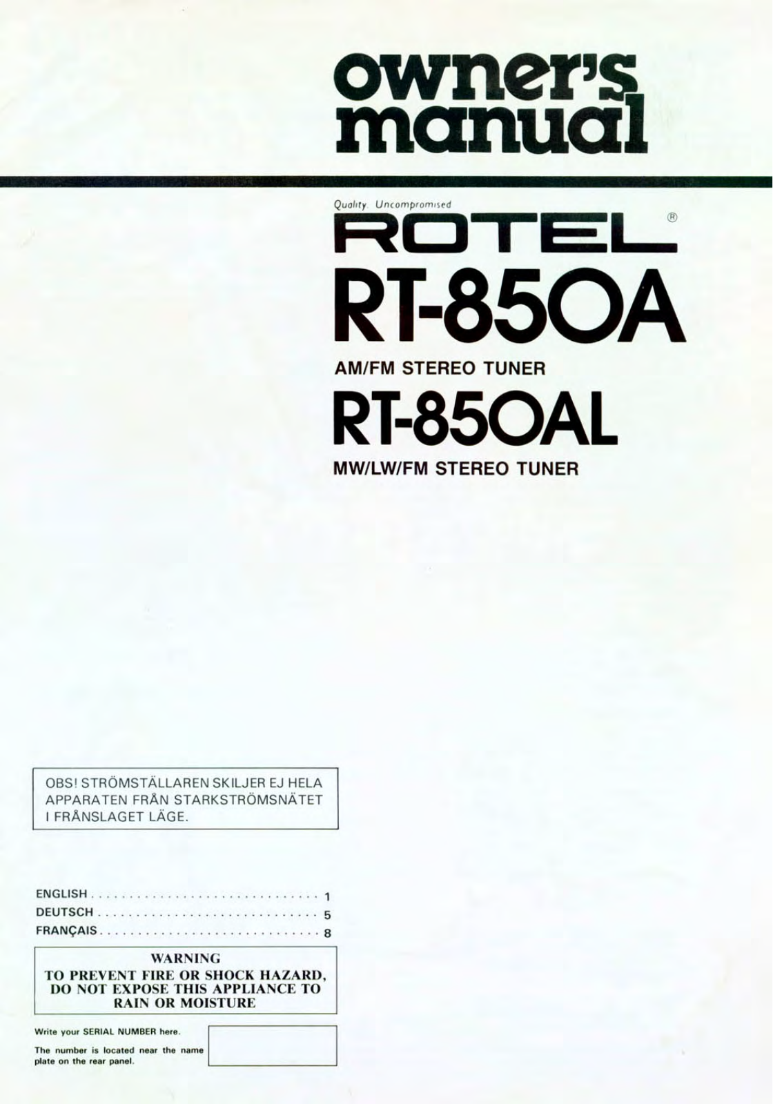 Rotel RT-850AL User Manual