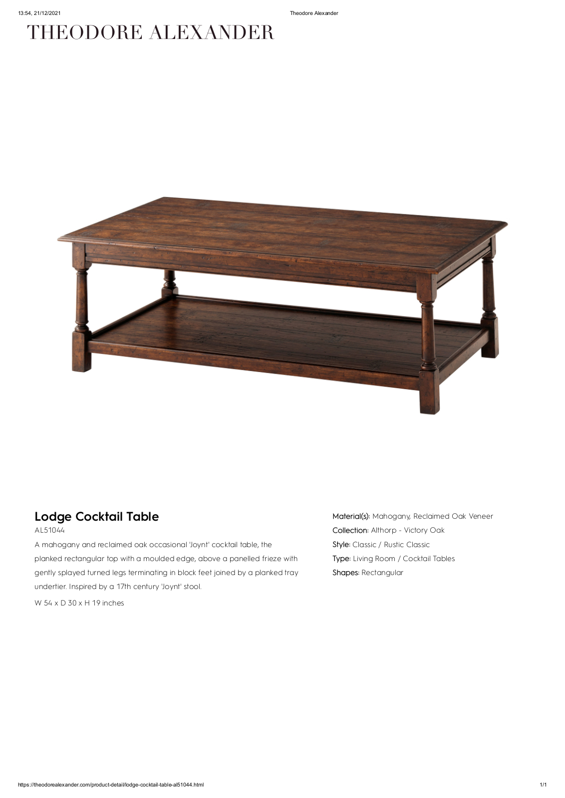 Theodore Alexander FPLJ1498 Specifications - ManualMachine.com