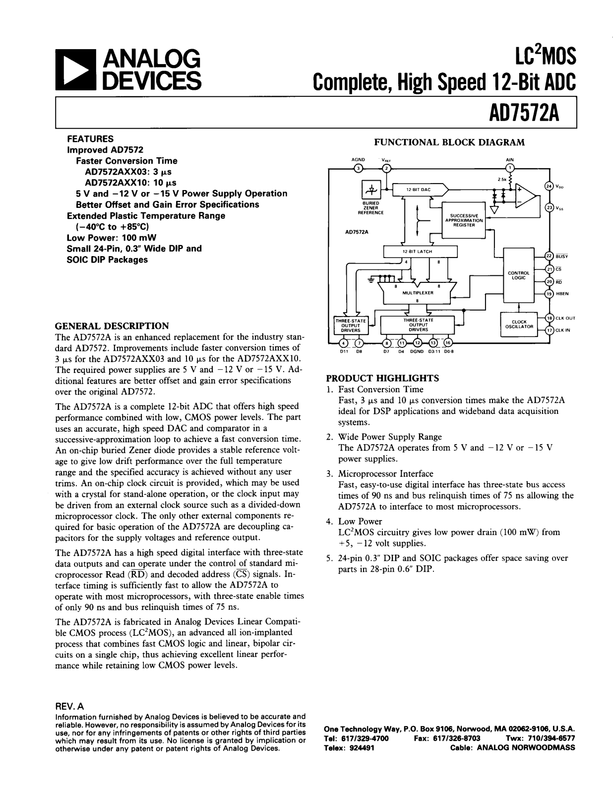 Analog Devices AD7572ASQ03, AD7572ALN10, AD7572ALN03, AD7572AJR10, AD7572AJR03 Datasheet