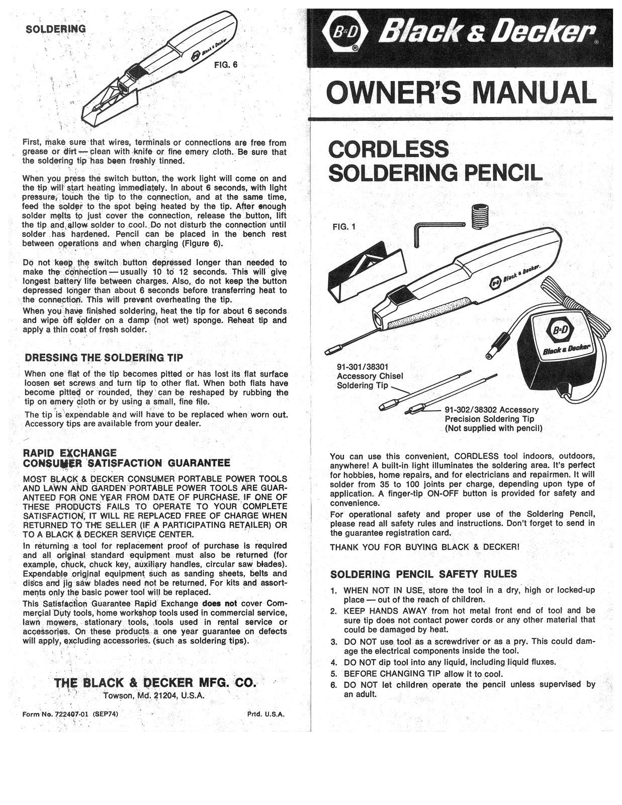 Black & Decker 722407-01, 91-302, 91-301, 38301, 38302 User Manual