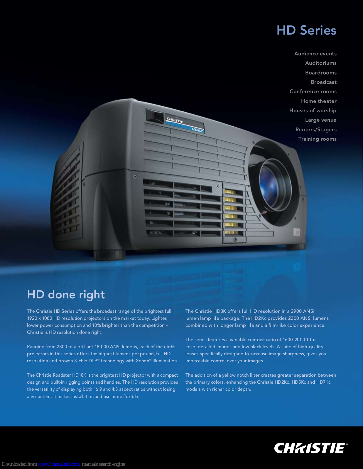 Christie HD Series, HD2Kc, HD3K, HD5Kc, HD6K Brochure & Specs