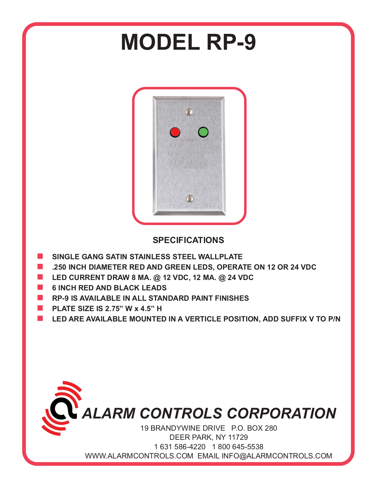 Alarm Controls RP-09 Specsheet