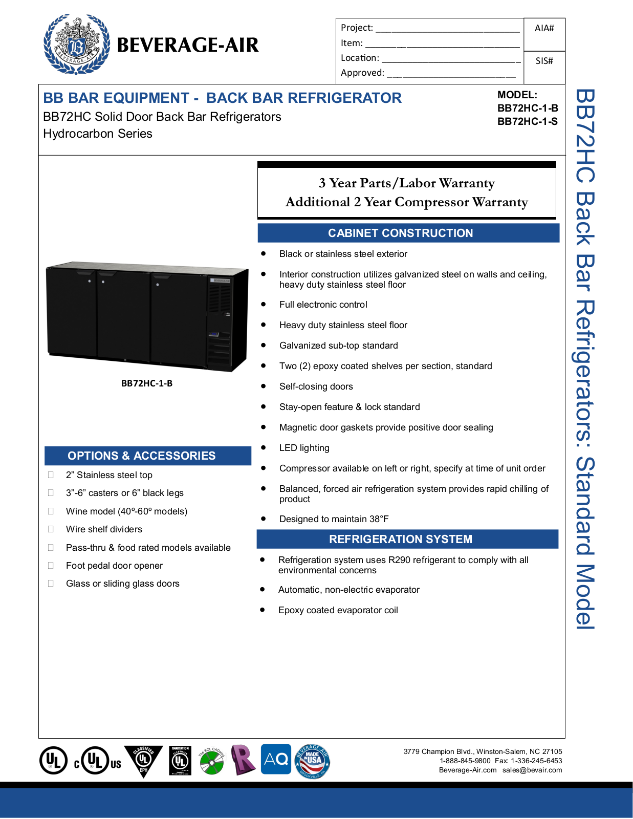 Beverage-Air BB72HC1B, BB72HC1FS, BB72HC1S, BB72HC1FB Specifications