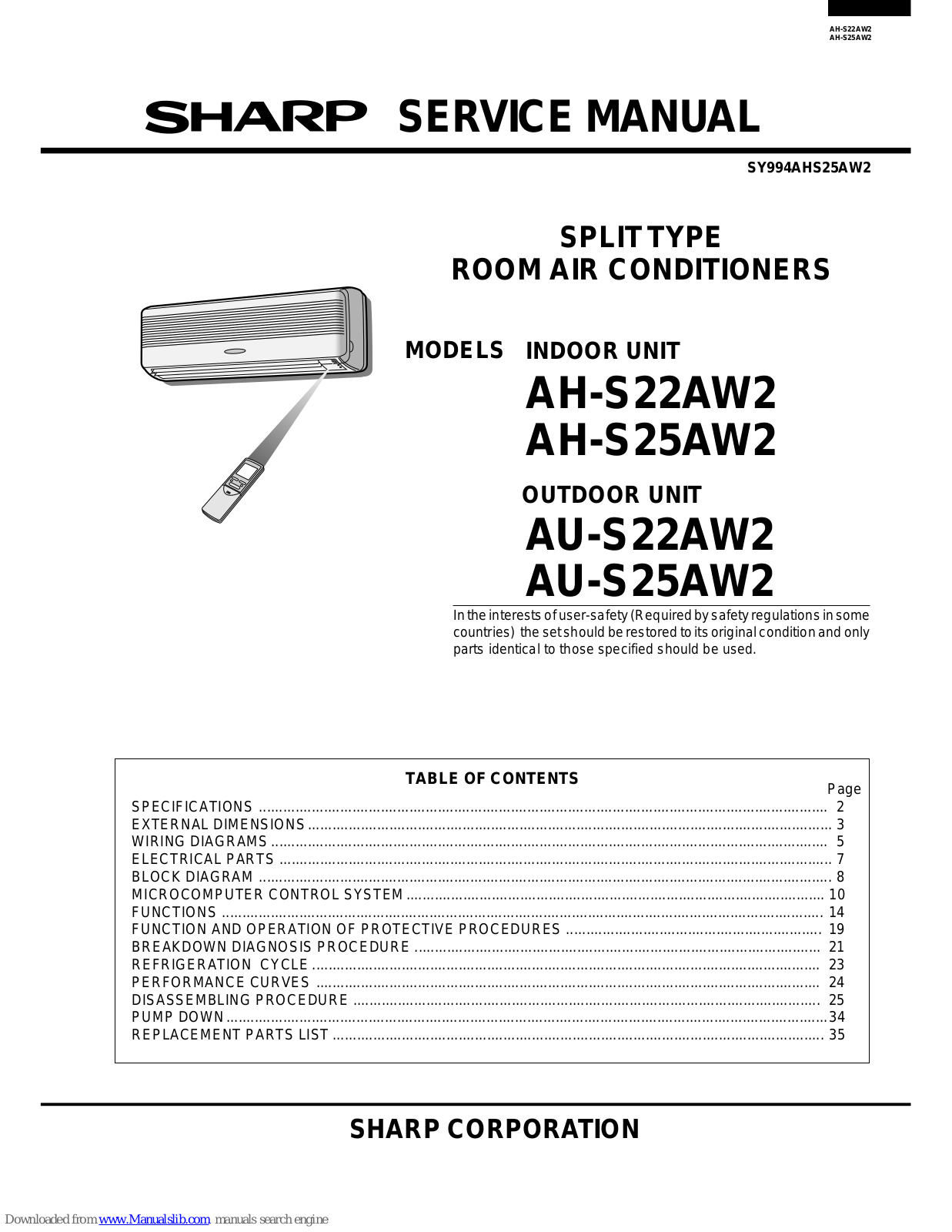 Sharp AH-S22AW2, AH-S25AW2, AU-S22AW2, AU-S25AW2 Service Manual