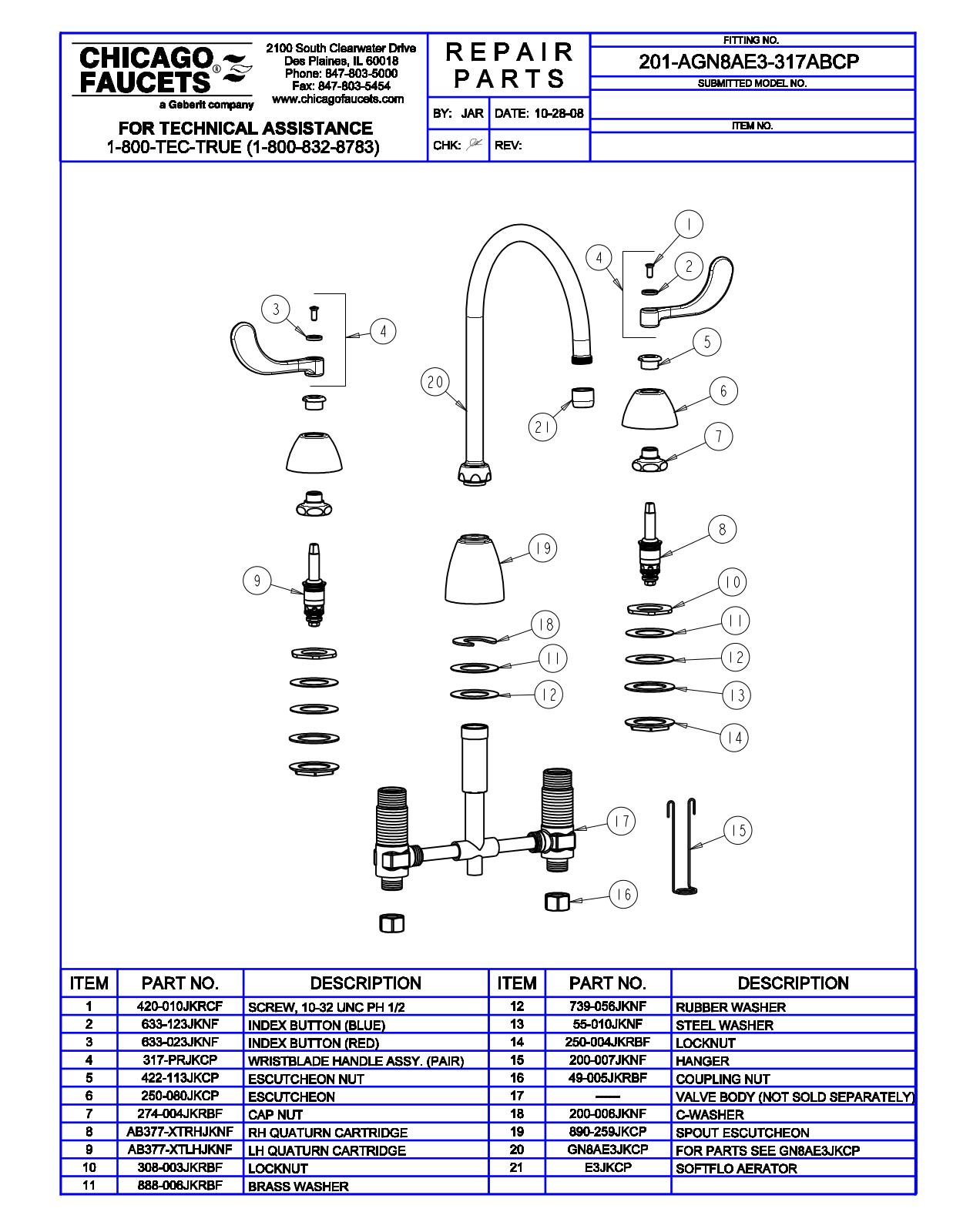 Chicago Faucet 201-AGN8AE3-317AB Parts List