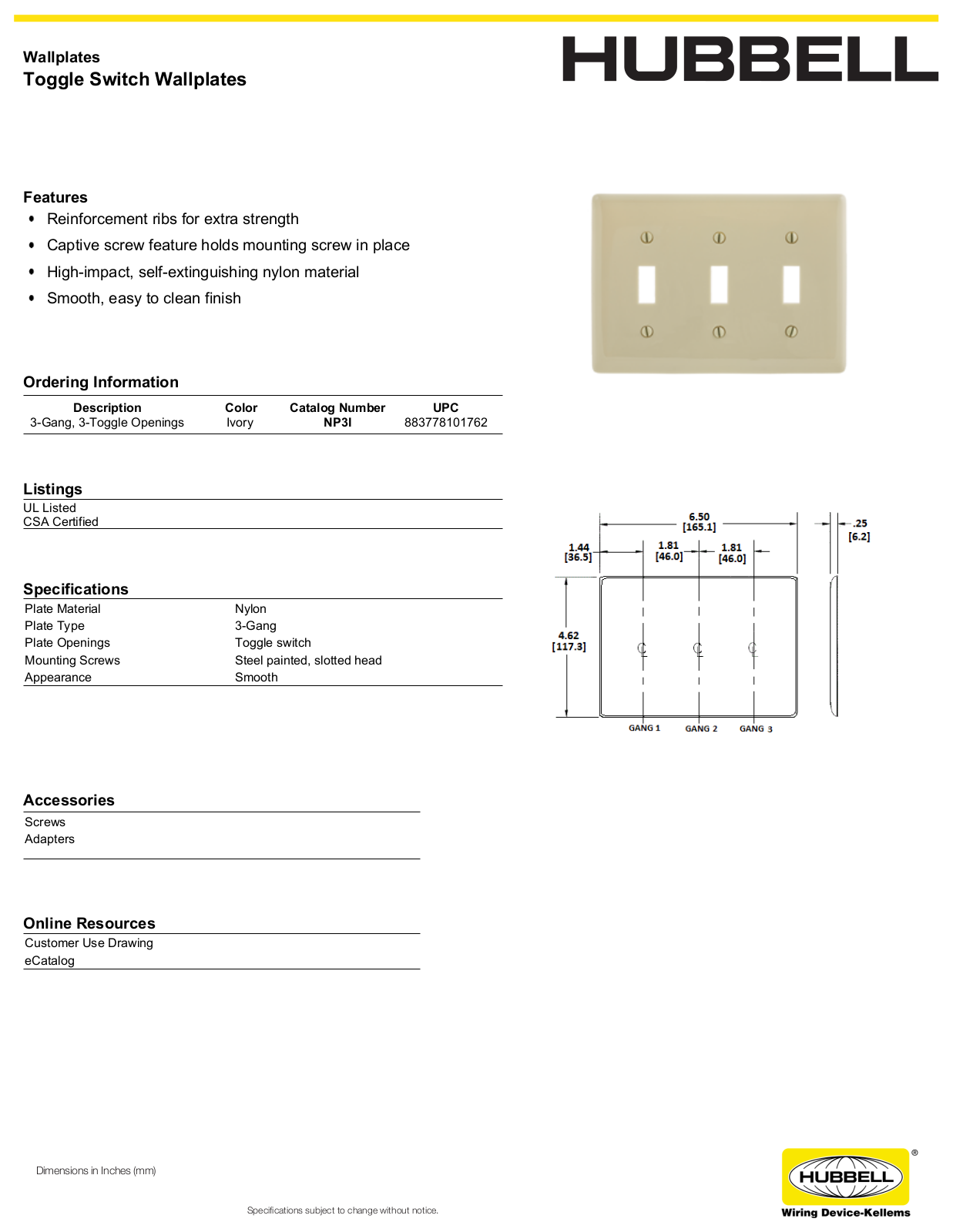 Hubbell NP3I Specifications