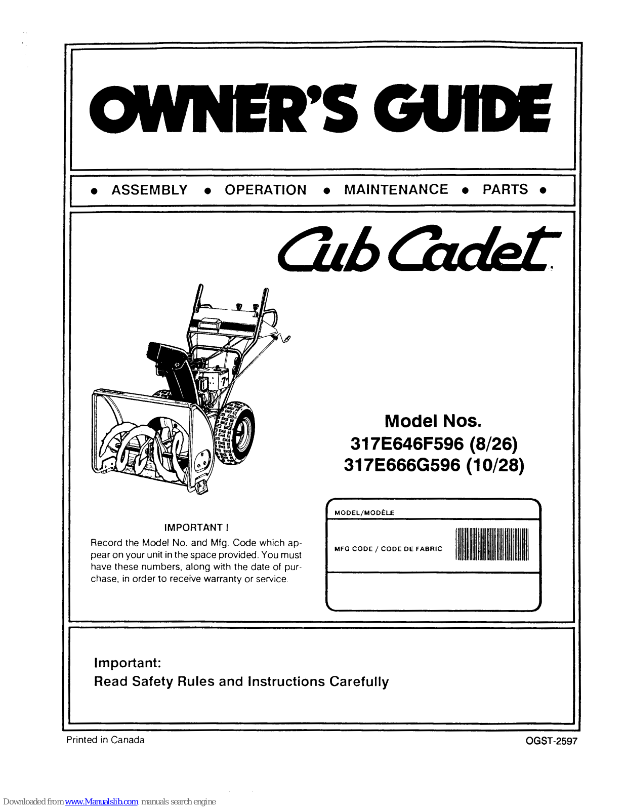 Cub Cadet 317E646F596, 317E666G596 Owner's Manual